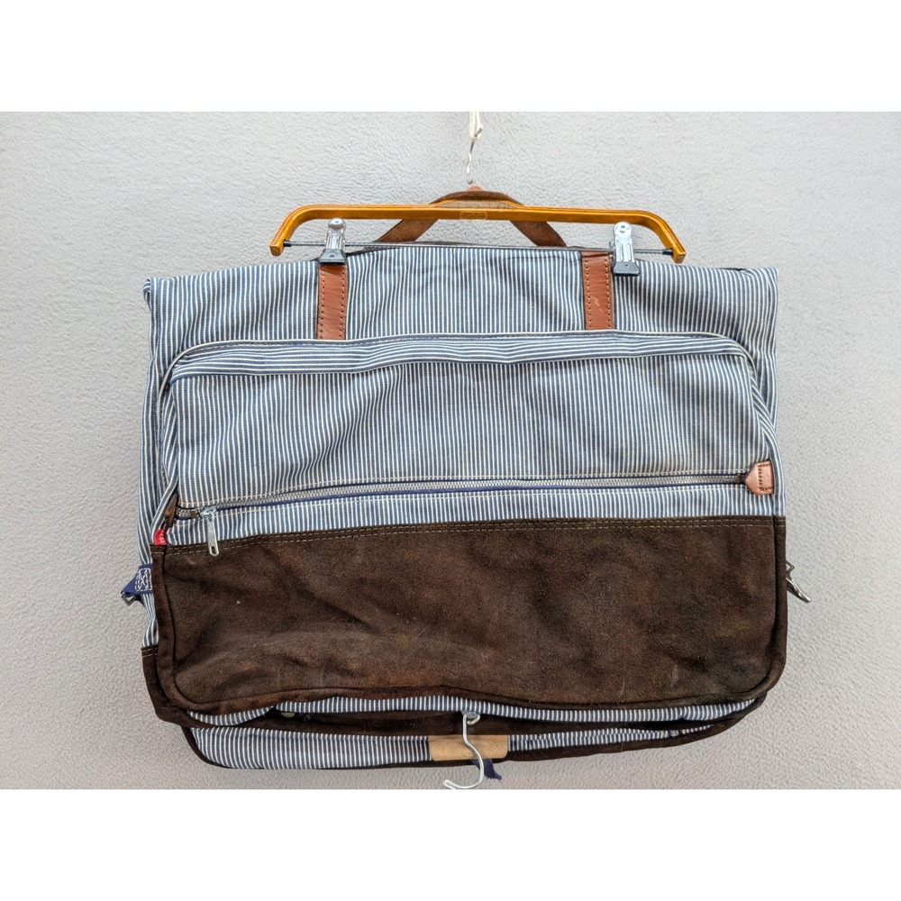 Vintage Hickory Stripe Canvas Suede Garment Travel Luggage Bag Blue White Brown